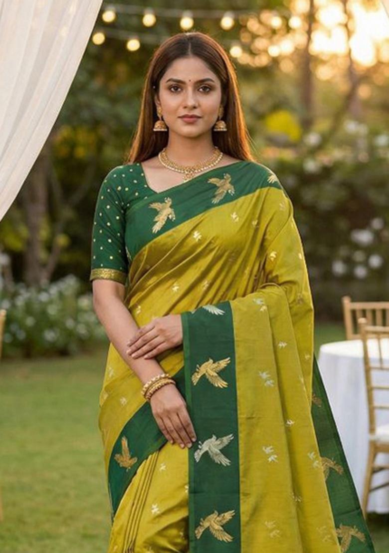 Lemon Yellow Zari Work Banarasi Saree Set - Indya