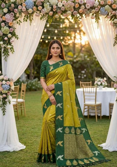 Lemon Yellow Zari Work Banarasi Saree Set