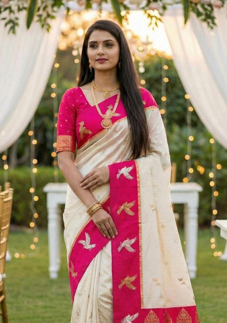 White Zari Work Banarasi Saree Set - Indya