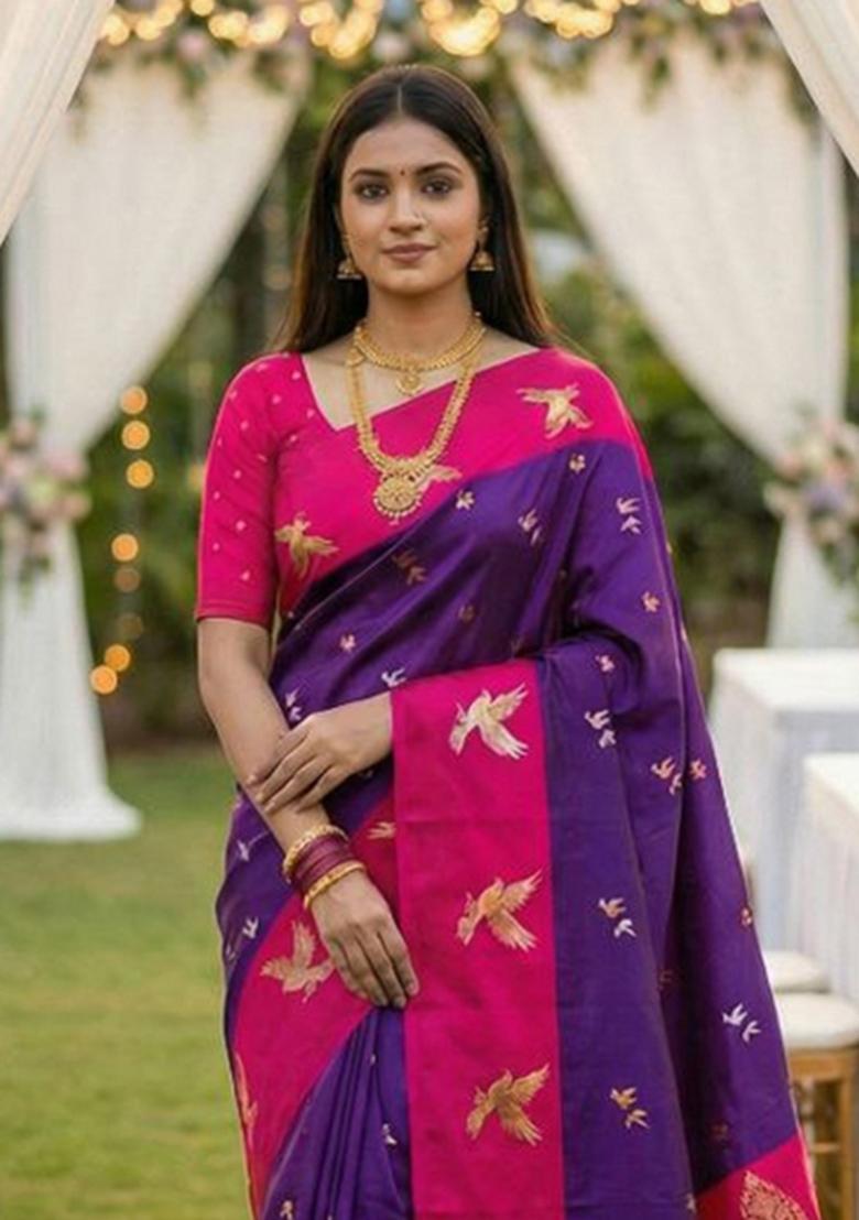 Purple Zari Work Banarasi Saree Set - Indya