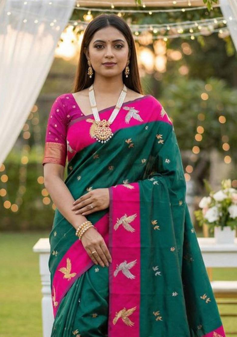 Sea Green Zari Work Banarasi Saree Set - Indya