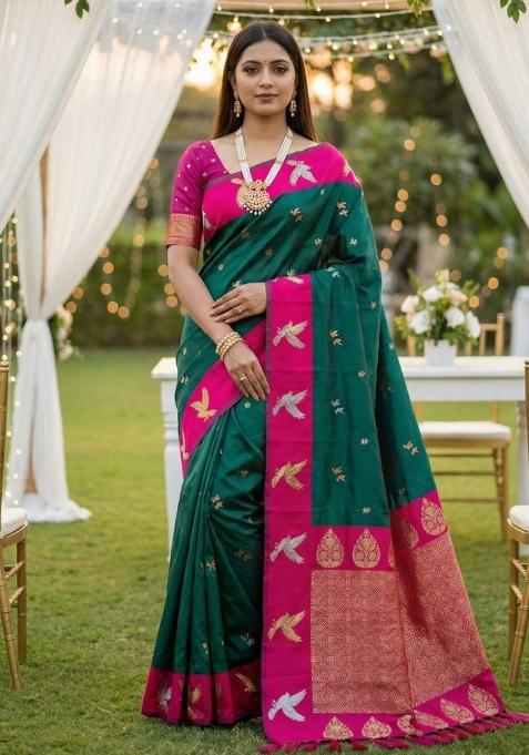 Sea Green Zari Work Banarasi Saree Set