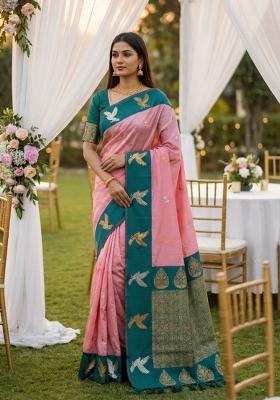 Peach Zari Work Banarasi Saree Set