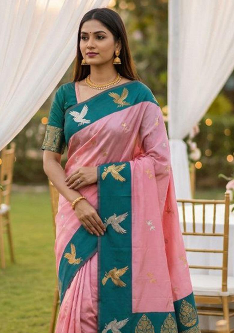 Peach Zari Work Banarasi Saree Set - Indya