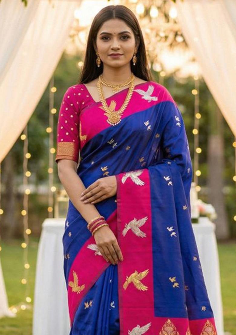 Violet Zari Work Banarasi Saree Set - Indya