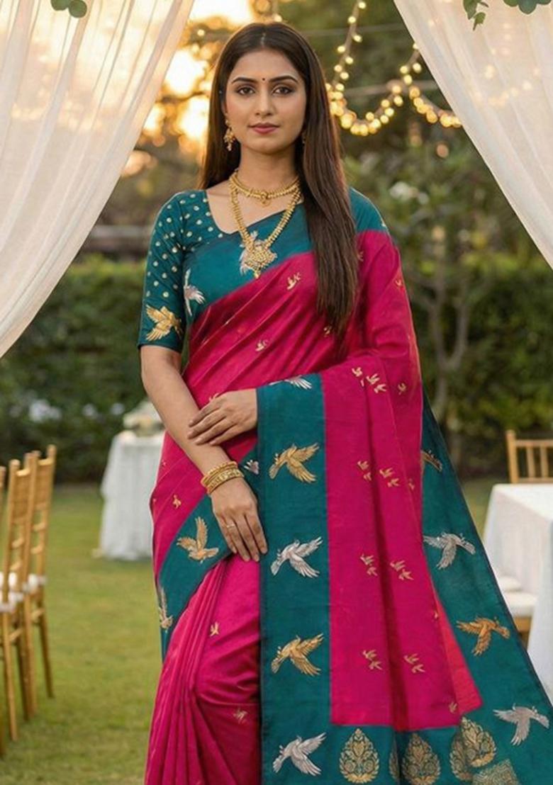 Pink Zari Work Banarasi Saree Set - Indya