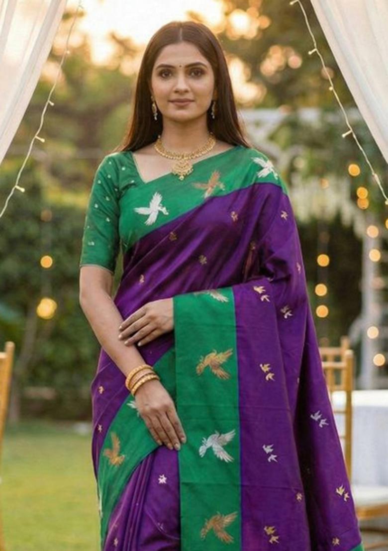 Wine Zari Work Banarasi Saree Set - Indya