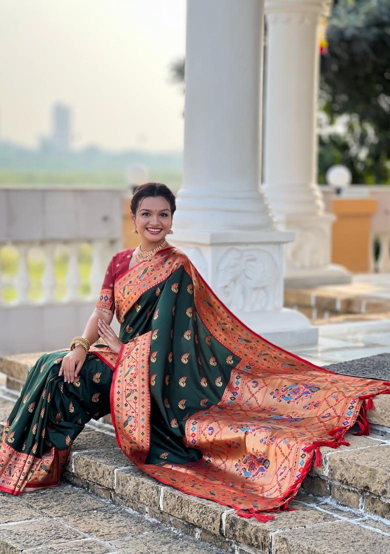 Green Zari Work Banarasi Saree Set - Indya