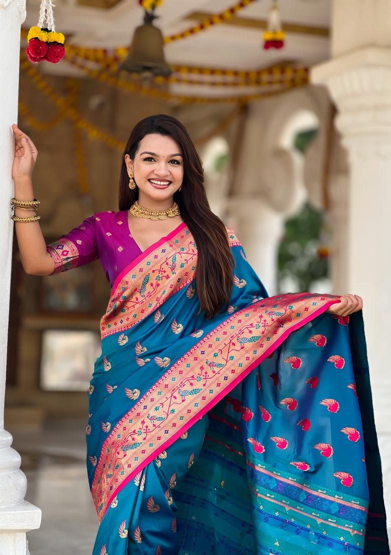 Teal Zari Work Banarasi Saree Set - Indya