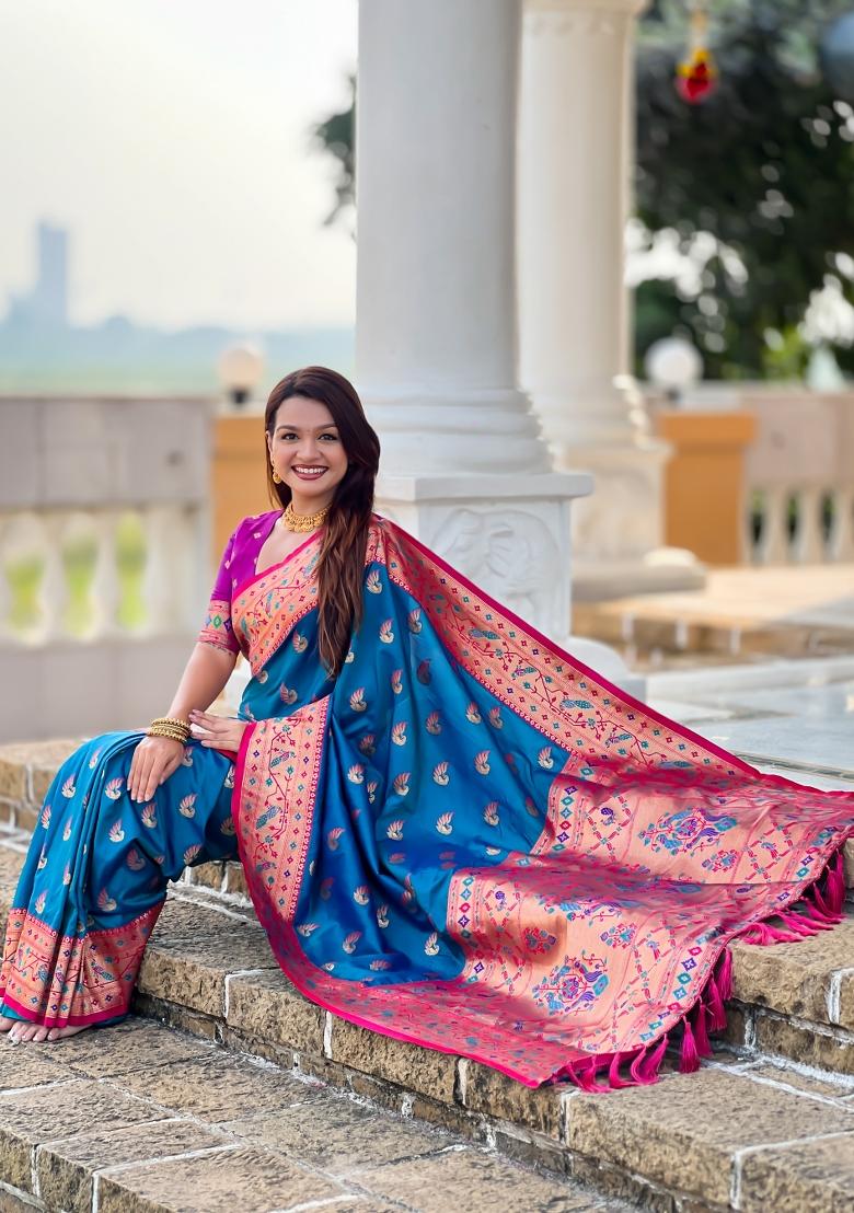 Teal Zari Work Banarasi Saree Set - Indya