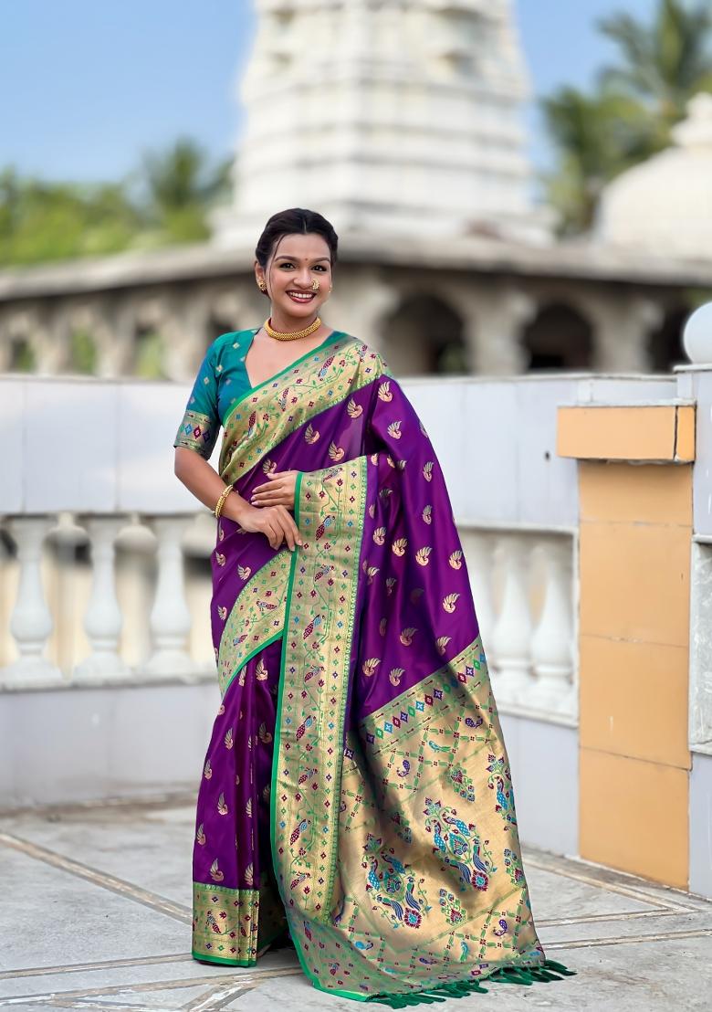 Wine Zari Work Banarasi Saree Set - Indya