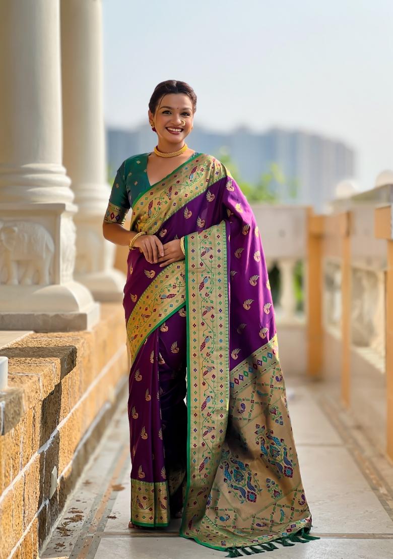 Wine Zari Work Banarasi Saree Set - Indya