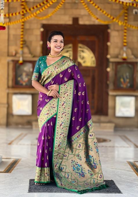 Wine Zari Work Banarasi Saree Set