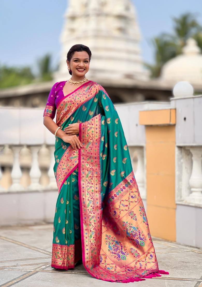 Sea Green Zari Work Banarasi Saree Set - Indya