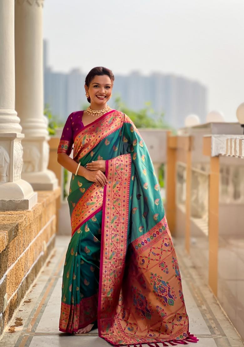 Sea Green Zari Work Banarasi Saree Set - Indya