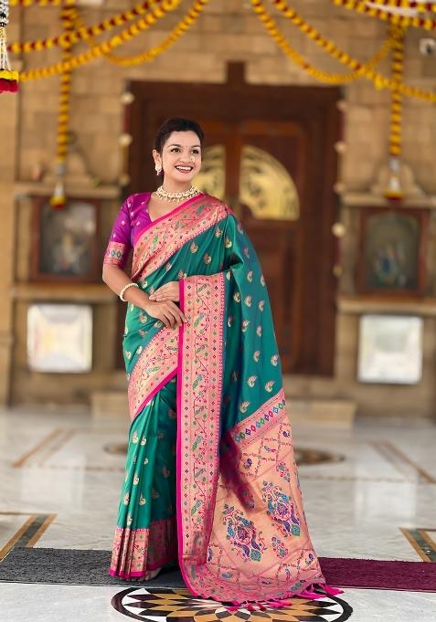 Sea Green Zari Work Banarasi Saree Set — view on Indya