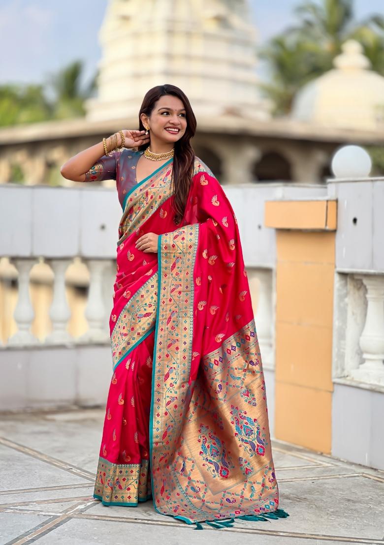 Pink Zari Work Banarasi Saree Set - Indya