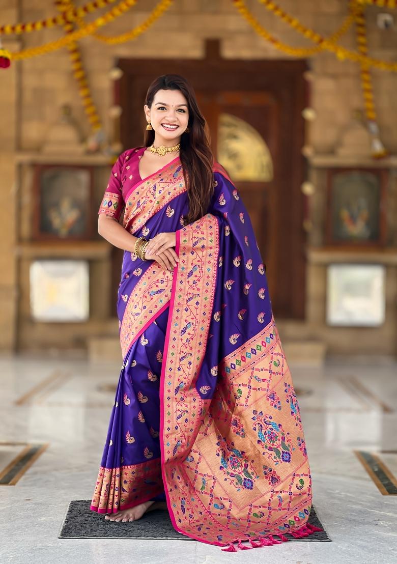 Purple Zari Work Banarasi Saree Set - Indya