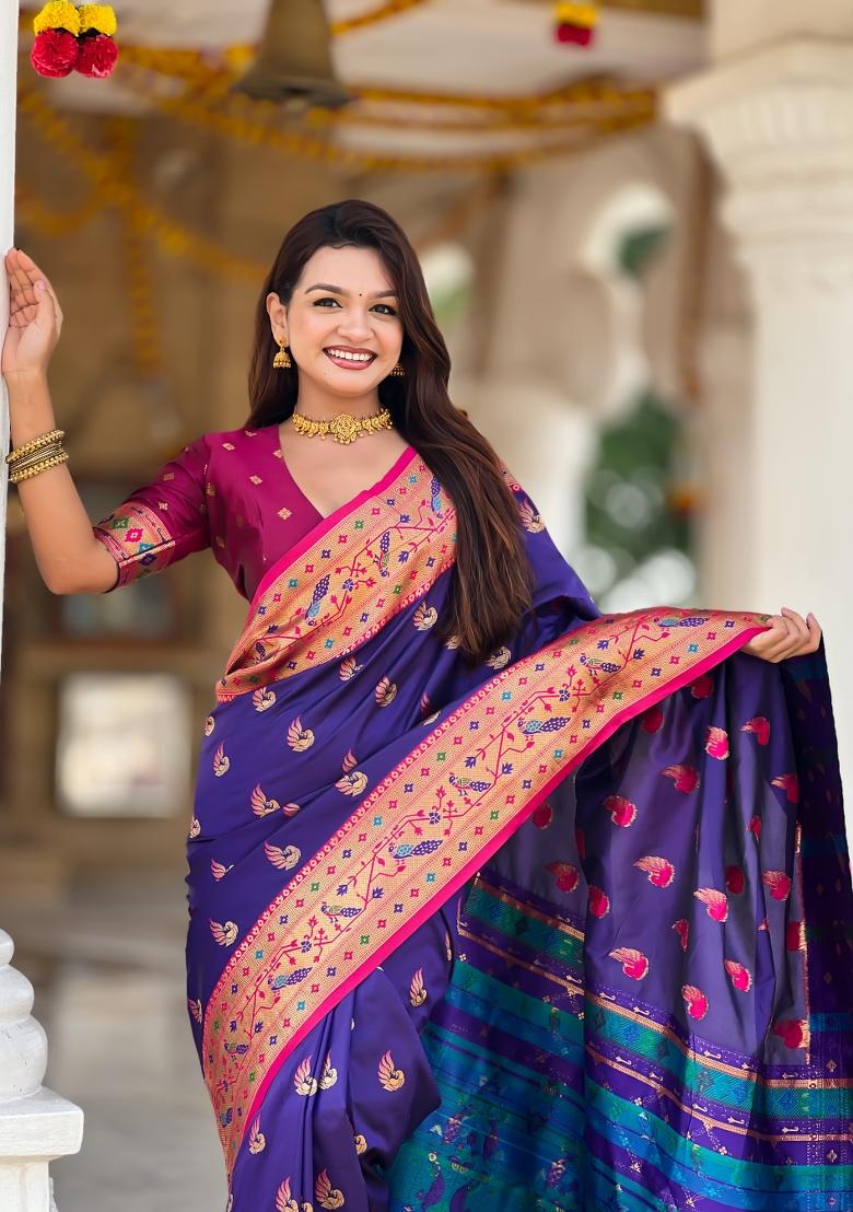 Purple Zari Work Banarasi Saree Set - Indya