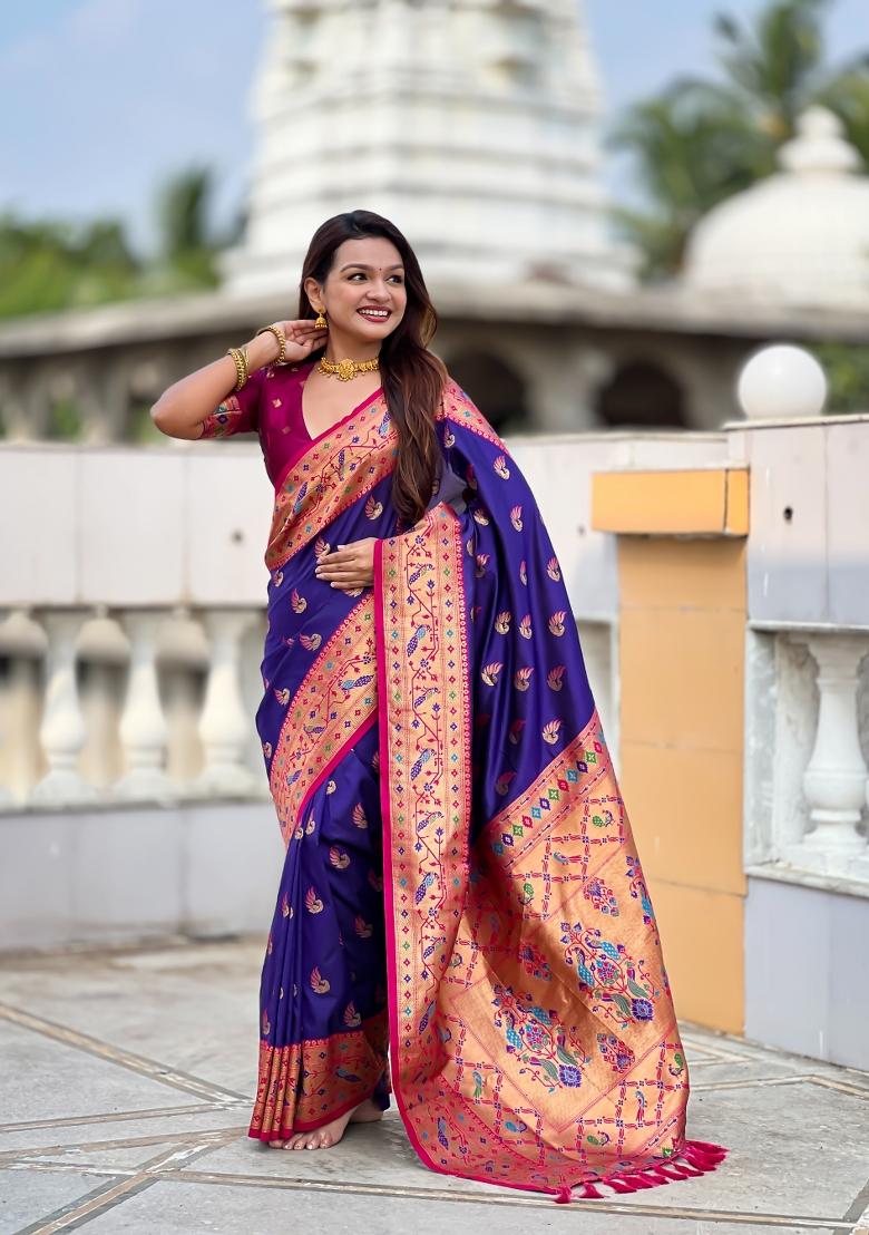 Purple Zari Work Banarasi Saree Set - Indya