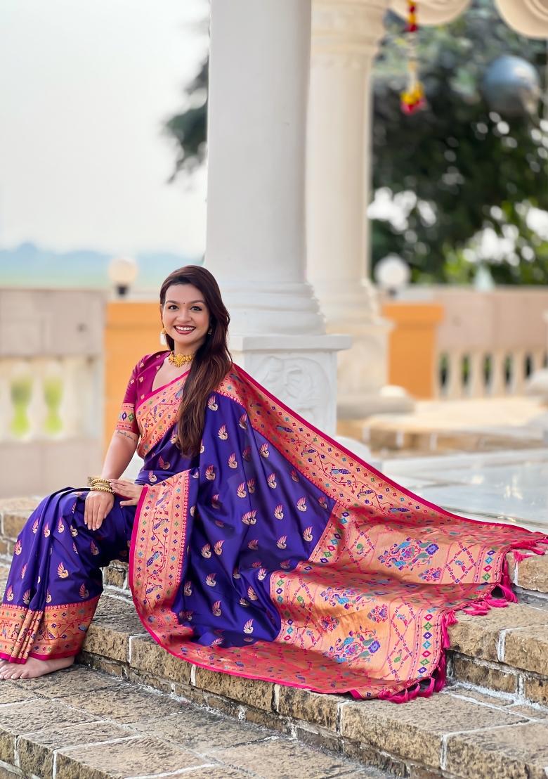 Purple Zari Work Banarasi Saree Set - Indya