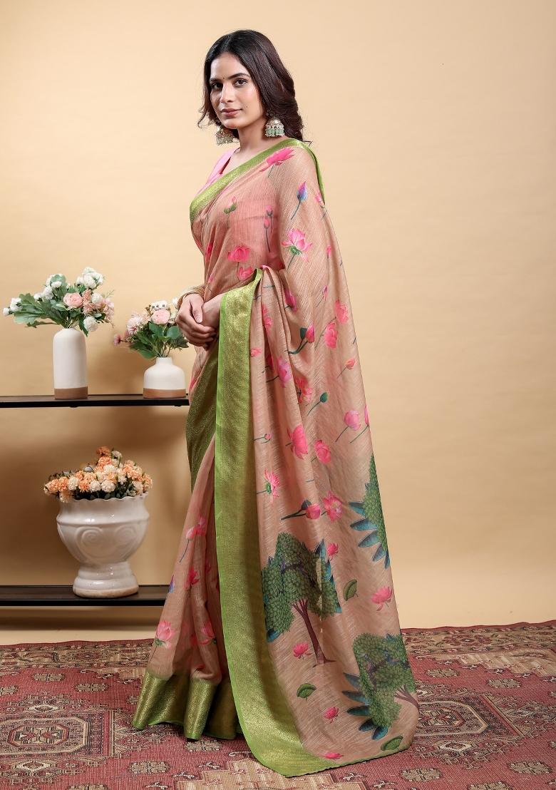 Brown Printed Cotton Saree With Blouse - Indya