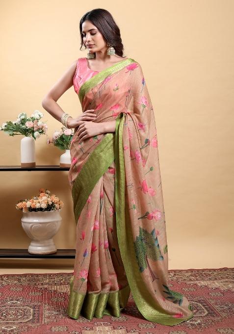 Brown Printed Cotton Saree With Blouse — view on Indya