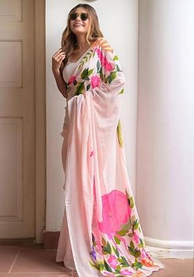 Peach Printed Linen Saree With Blouse