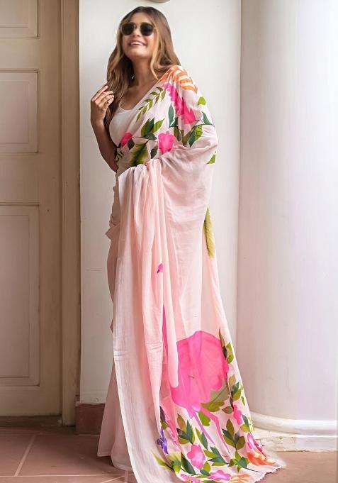 Peach Printed Linen Saree With Blouse — view on Indya
