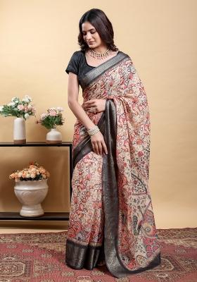 Cream Printed Linen Saree With Blouse