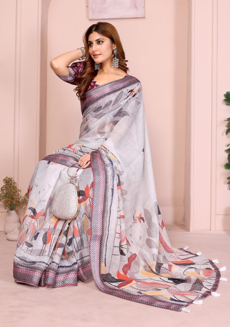 Grey Printed Linen Saree With Blouse - Indya