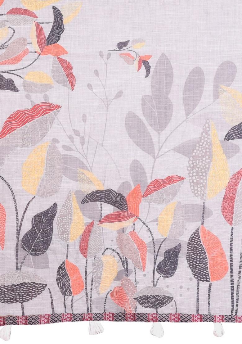 Grey Printed Linen Saree With Blouse - Indya