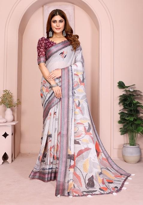 Grey Printed Linen Saree With Blouse — view on Indya
