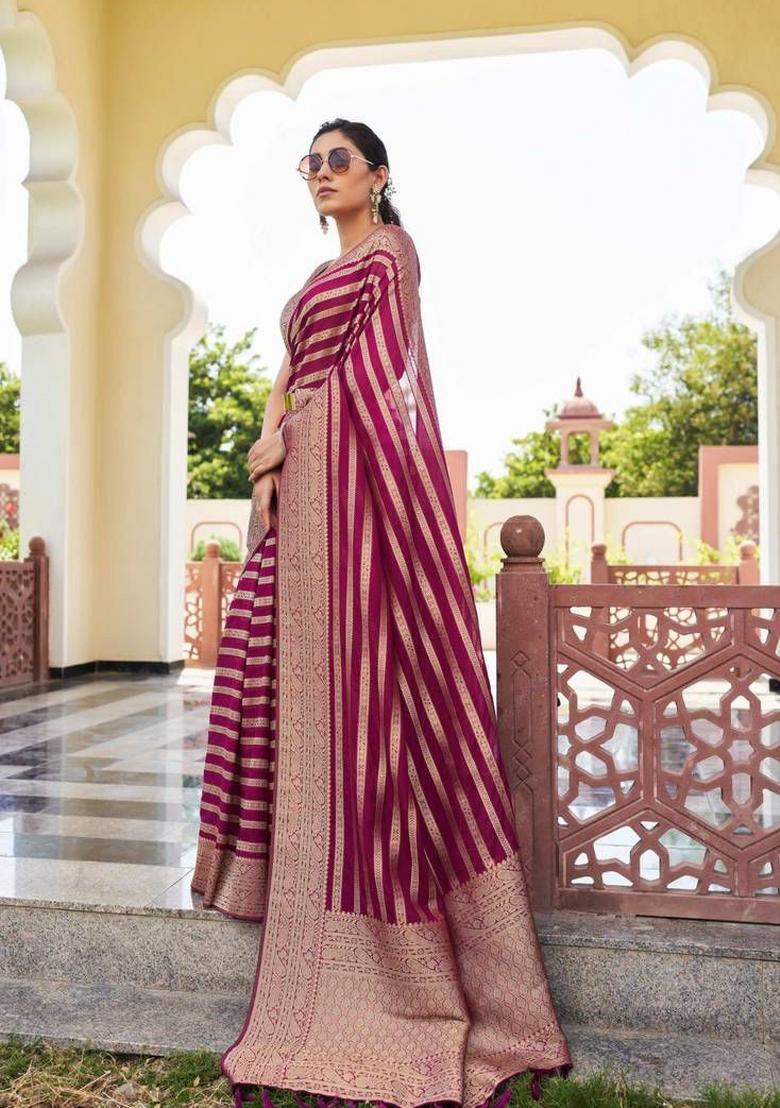 Wine Jacquard Silk Saree With Blouse - Indya