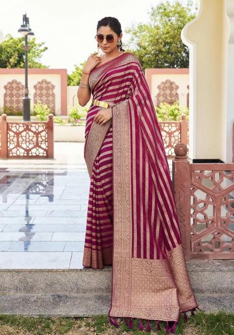 Wine Jacquard Silk Blend Saree With Blouse