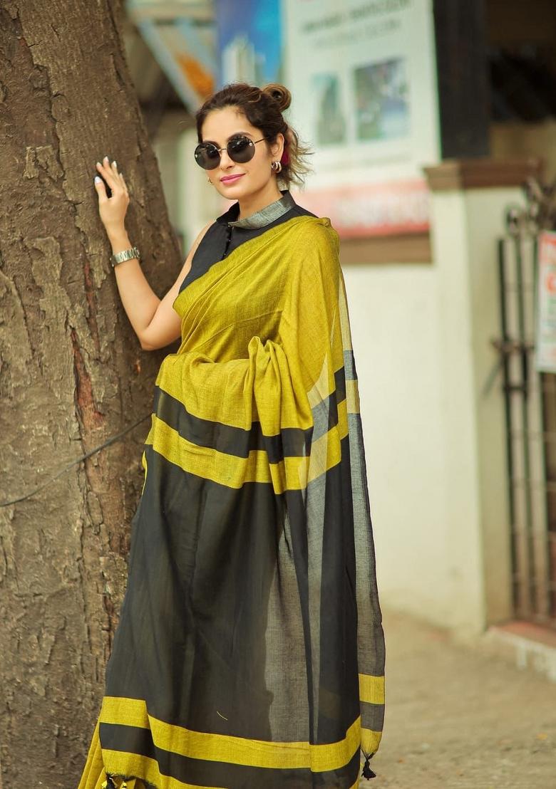 Yellow Solid Linen Saree With Blouse - Indya