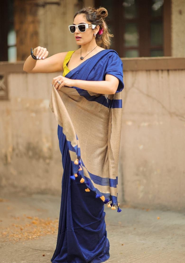 Blue Solid Linen Saree With Blouse - Indya