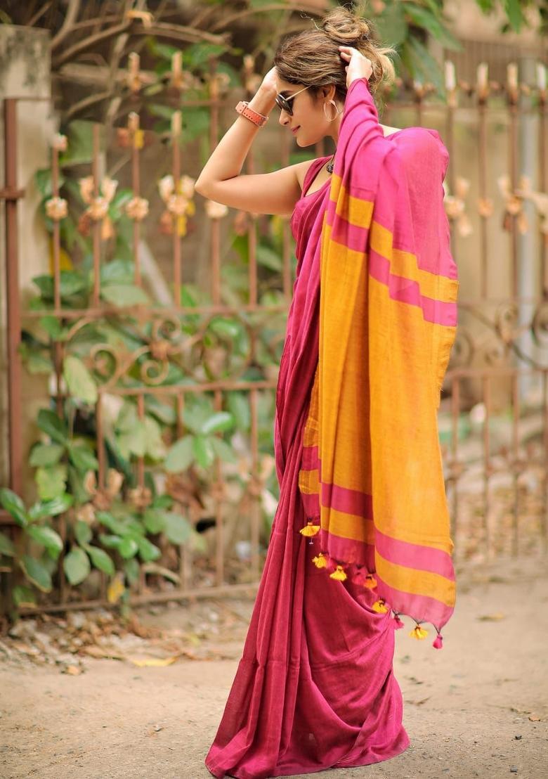 Pink Solid Linen Saree With Blouse - Indya