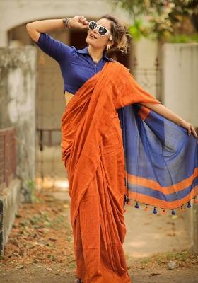 Orange Solid Linen Saree With Blouse