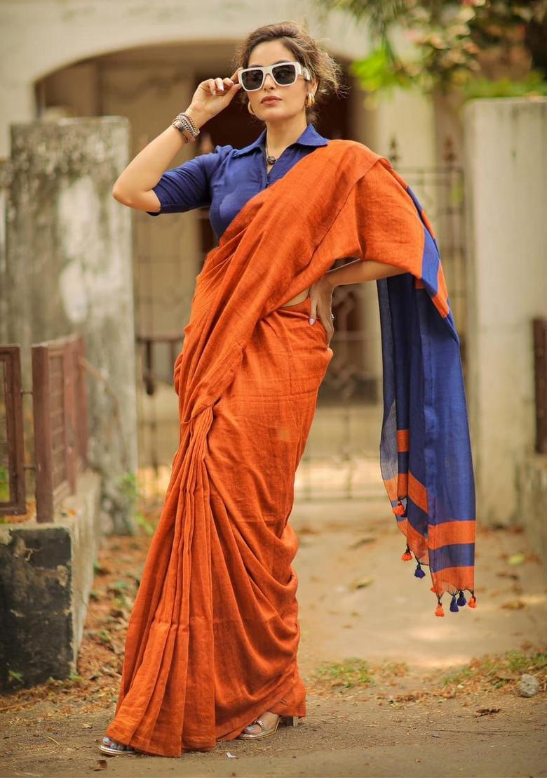 Orange Solid Linen Saree With Blouse - Indya