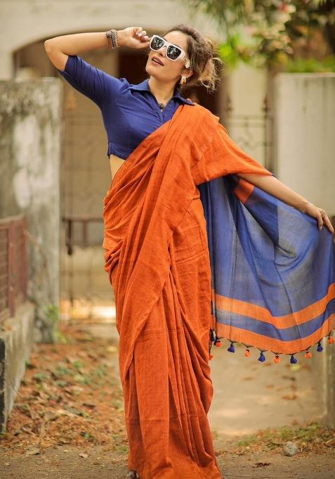 Orange Solid Linen Saree With Blouse — view on Indya