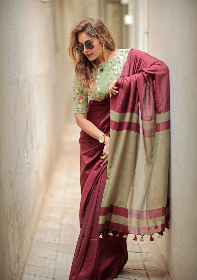 Maroon Solid Linen Saree With Blouse - Indya