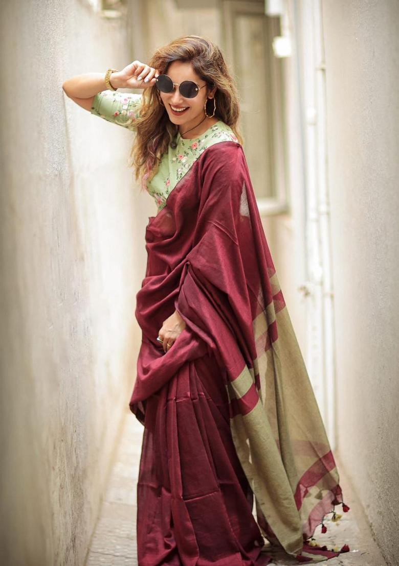 Maroon Solid Linen Saree With Blouse - Indya