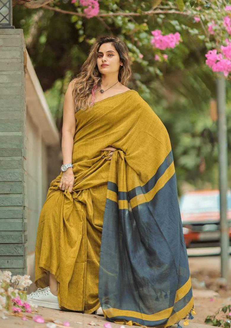 Mustard Solid Linen Saree With Blouse - Indya
