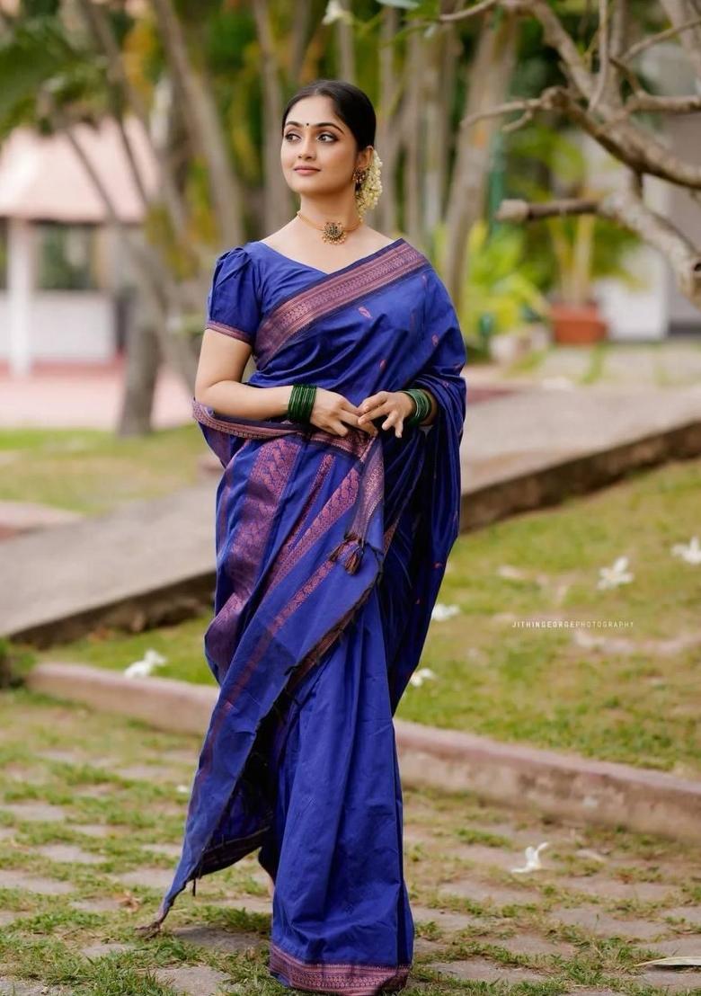 Blue Jacquard Silk Saree With Blouse - Indya