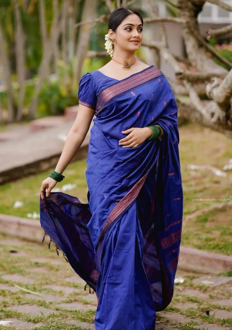 Blue Jacquard Silk Saree With Blouse - Indya