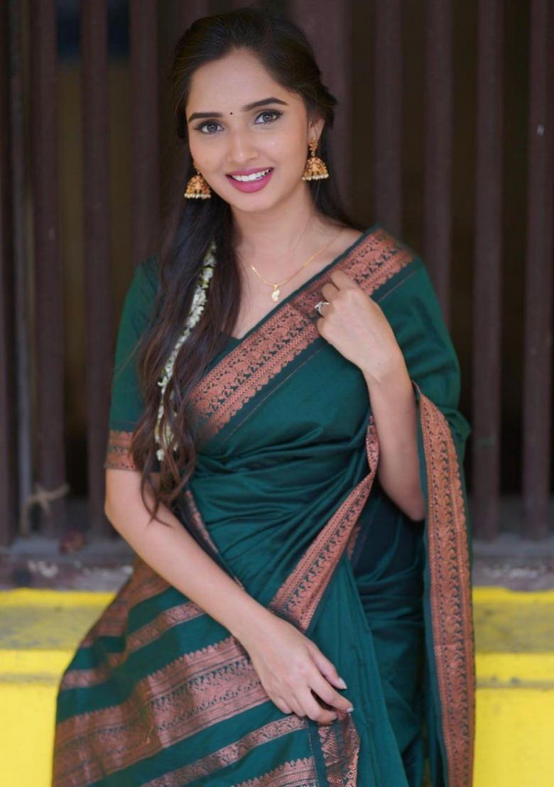 Teal Green Jacquard Silk Saree With Blouse - Indya