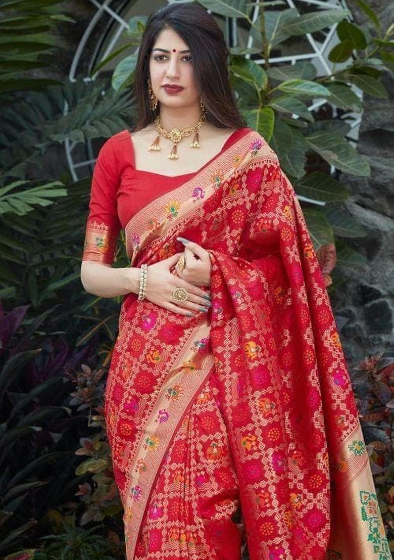Red Weaving Silk Saree With Blouse - Indya