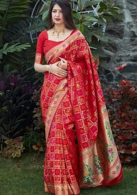 Red Weaving Silk Saree With Blouse