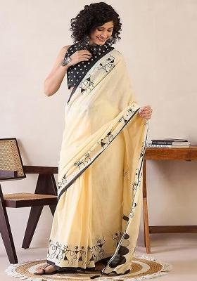 Cream Printed Linen Saree With Blouse